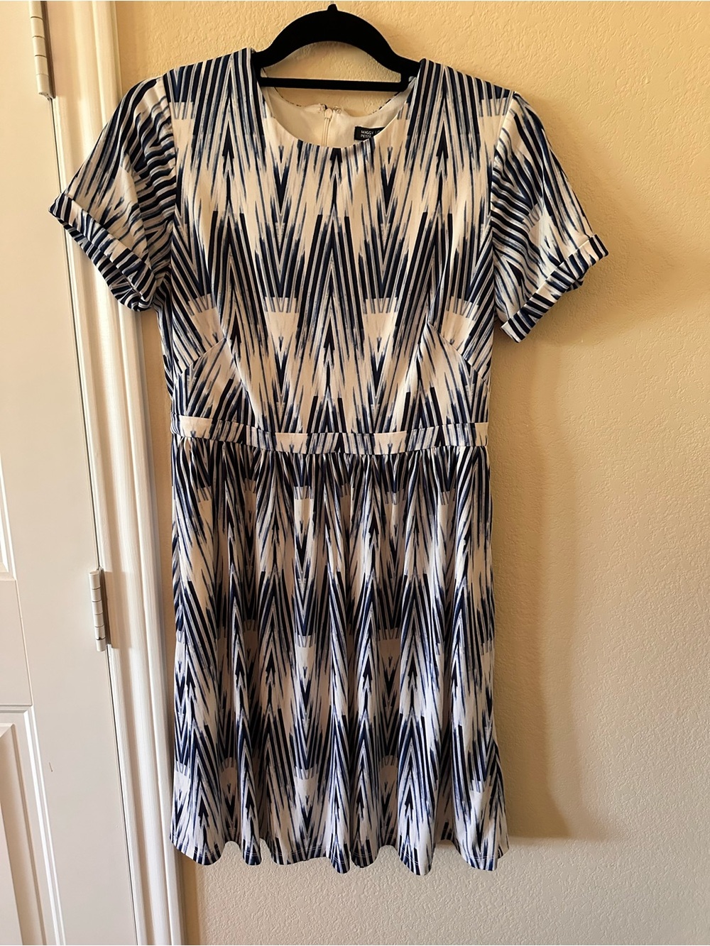 Maggy London Petite Navy and White Geometric Fit-and-Flare Dress